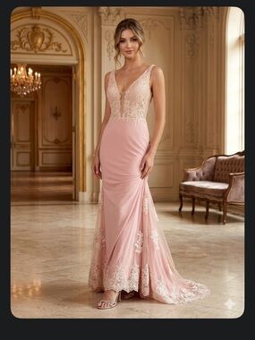 Blush Pink Lace-Trim Maxi Evening Dress